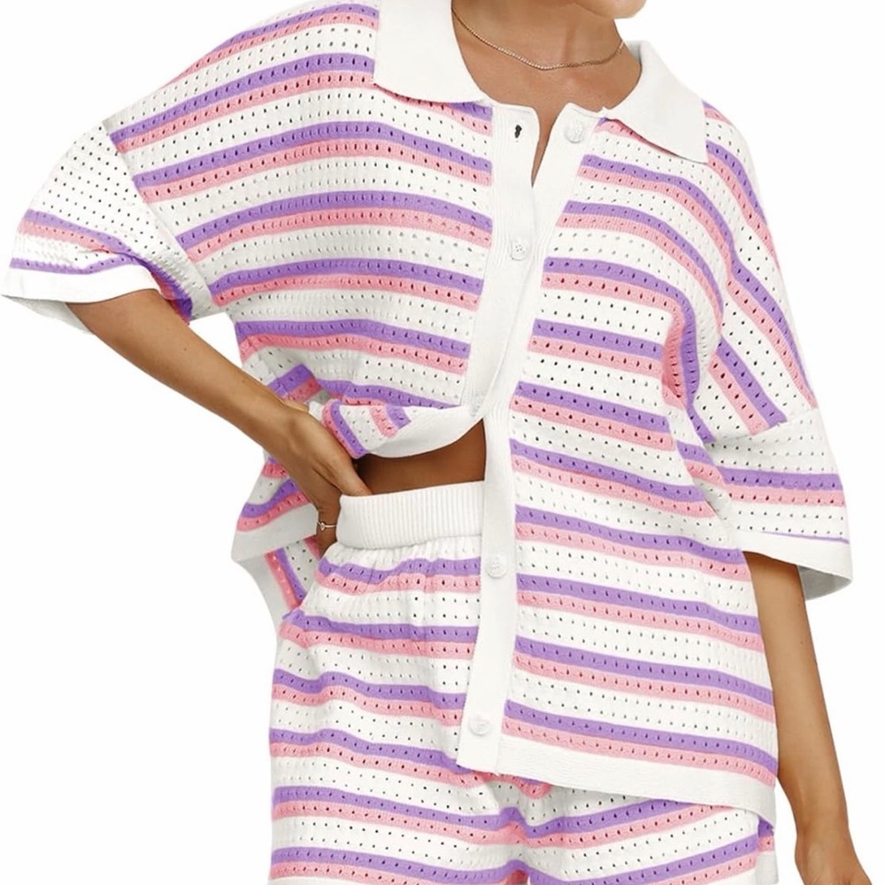 Short Sleeve striped crochet lounge set